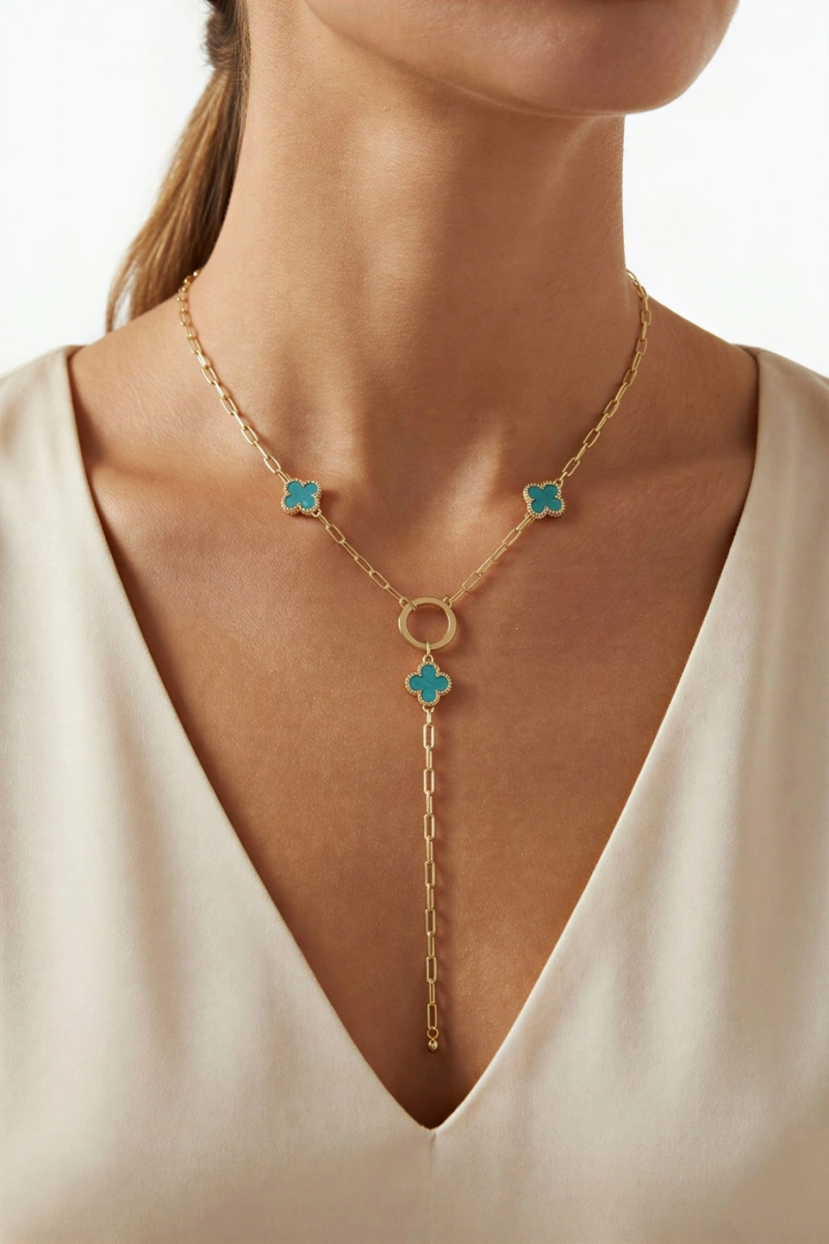 Y Model Mavi Yonca Detay Gold Altın Kaplama Kolye