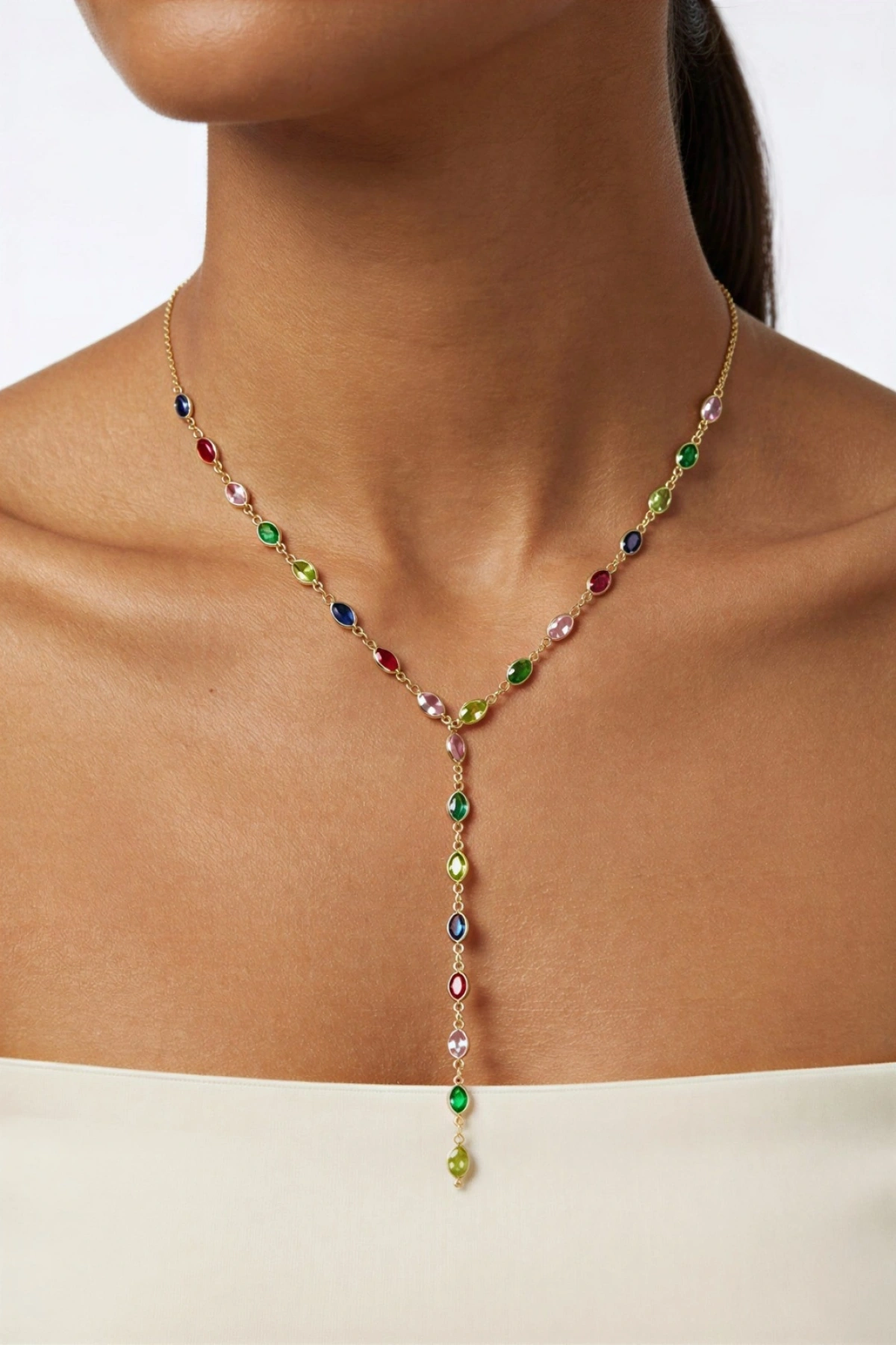 Y Model Oval Taş Gold Altın Kaplama Kolye