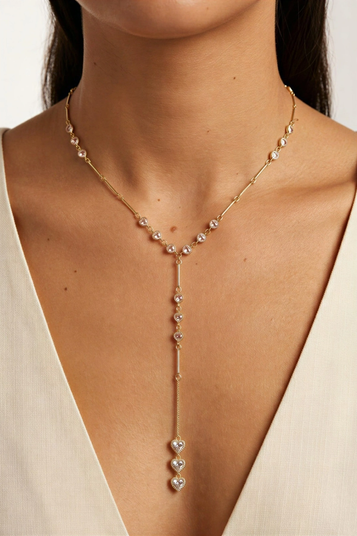 Y Model Dizili Kalp Gold Altın Kaplama Kolye