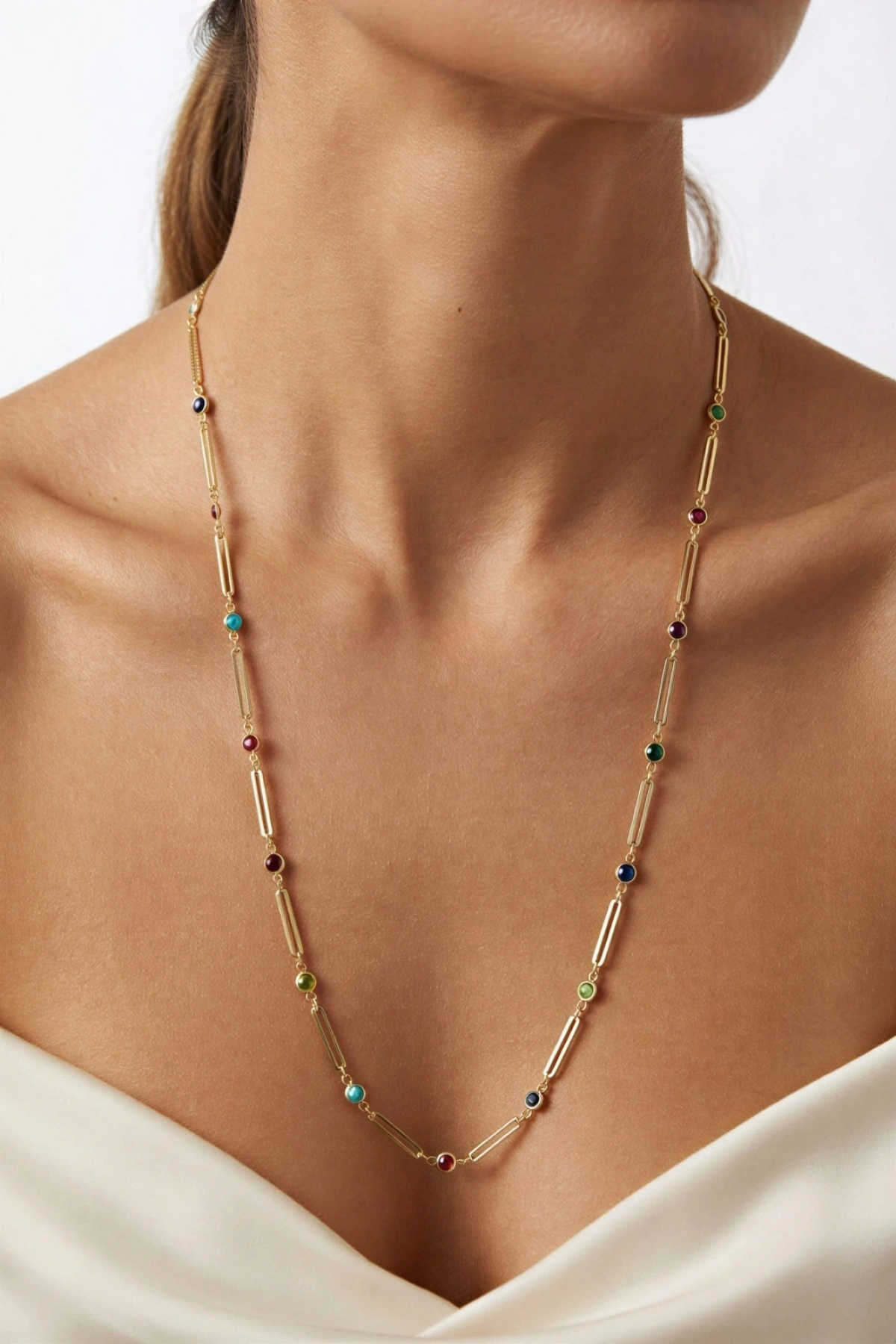 Uzun Ataç Zincir Renkli Taş Detay Gold Altın Kaplama Kolye