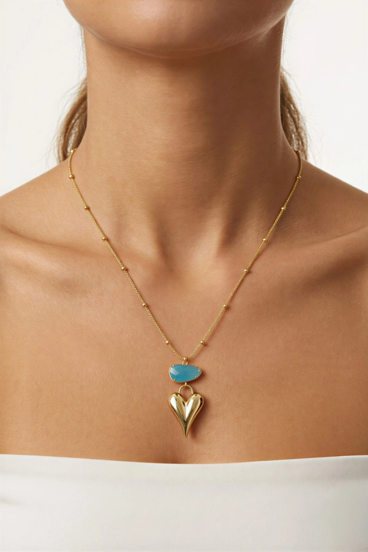 Tombul Kalp Doğal Taş Detay Gold Altın Kaplama Kolye