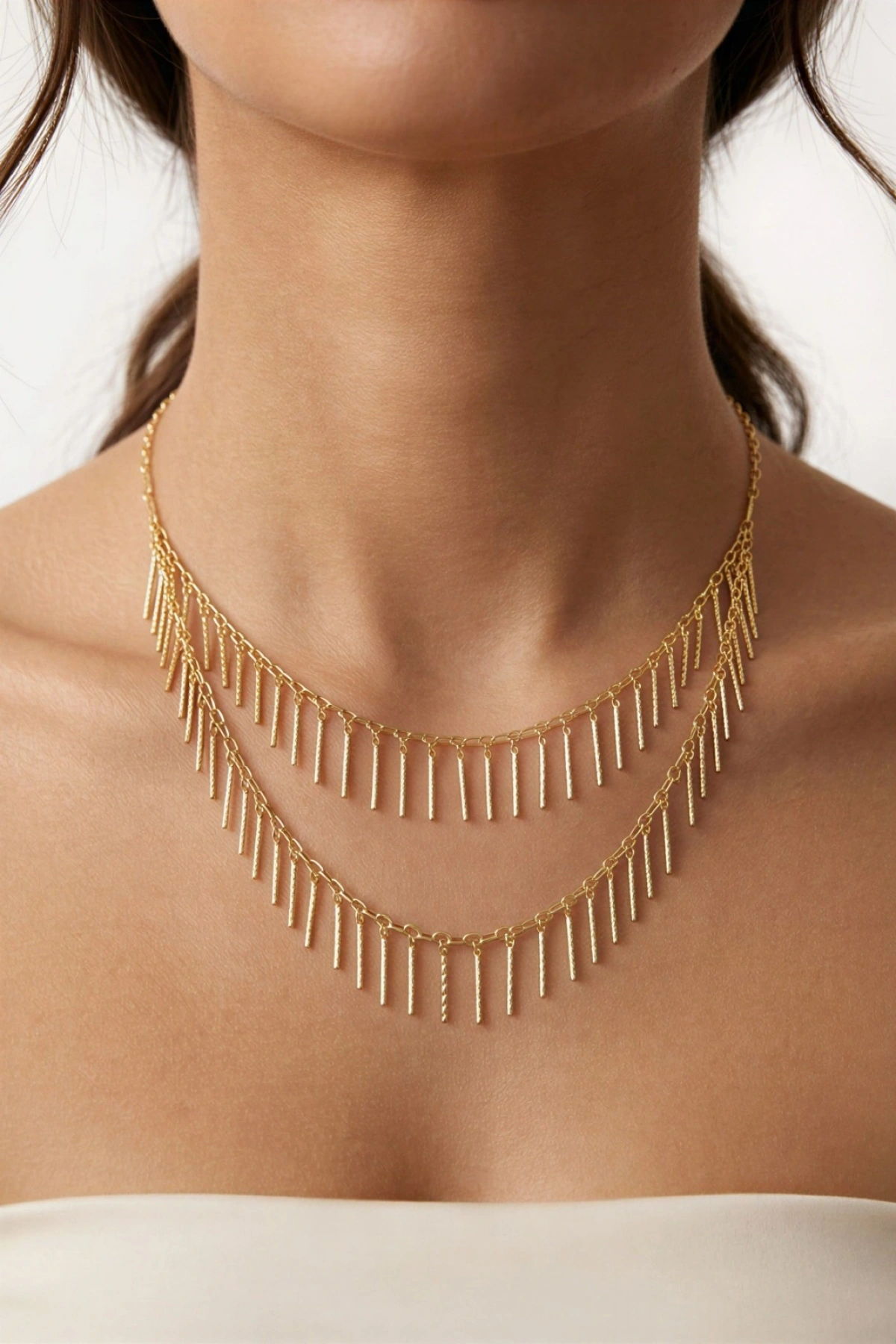 Çift Zincir Sarkıt Gold Altın Kaplama Kolye