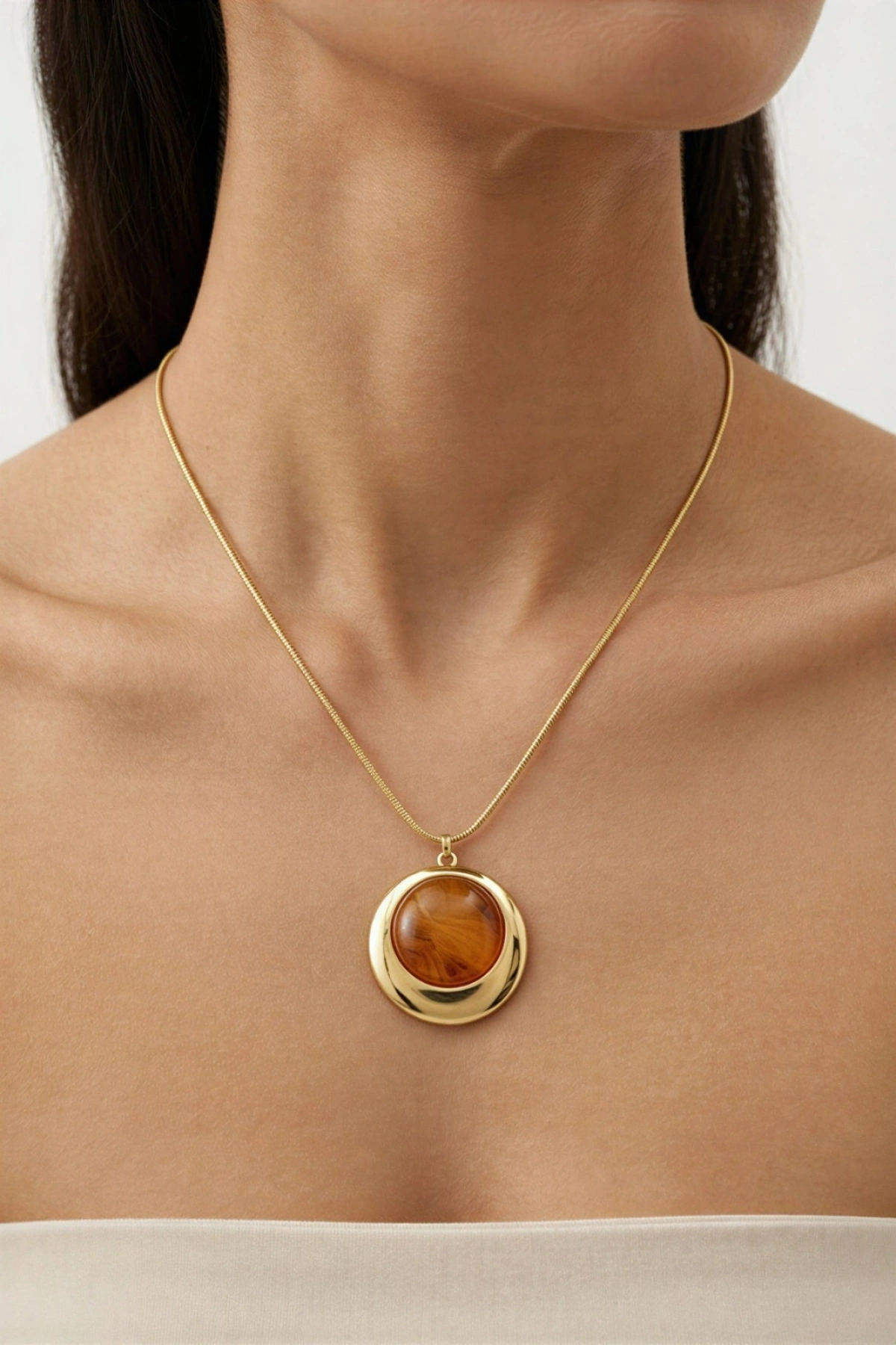 Halka Model Oranj Taş Detay Gold Altın Kaplama Kolye