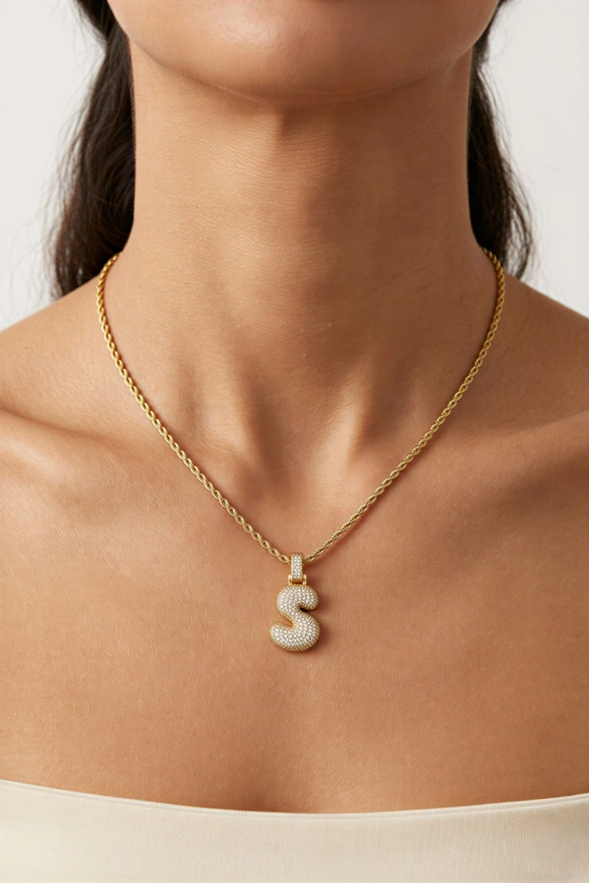 S Harf Zirkon Taşlı Balon Gold Altın Kaplama Burgu Kolye