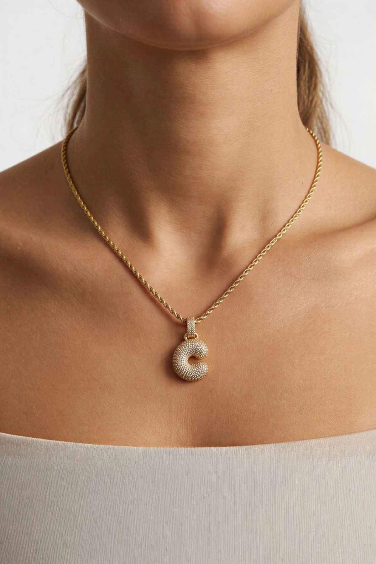 C Harf Zirkon Taşlı Balon Gold Altın Kaplama Burgu Kolye