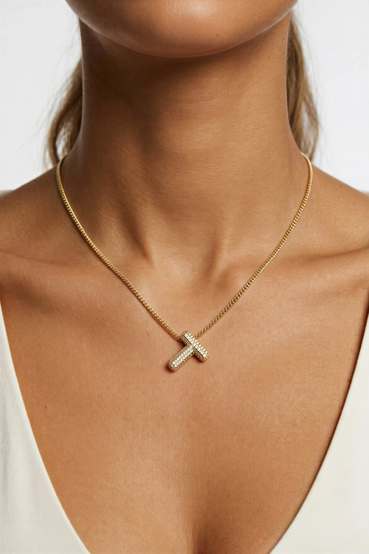 T Harf Zirkon Taşlı Balon Gold Altın Kaplama Kolye