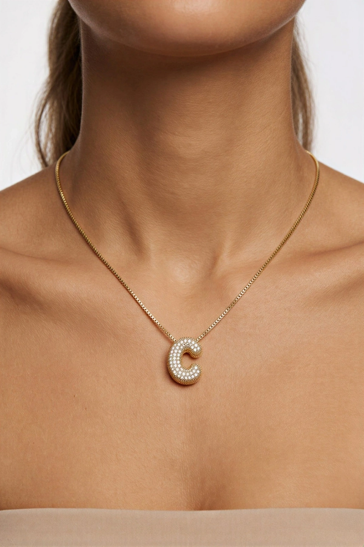 C Harf Zirkon Taşlı Balon Gold Altın Kaplama Kolye