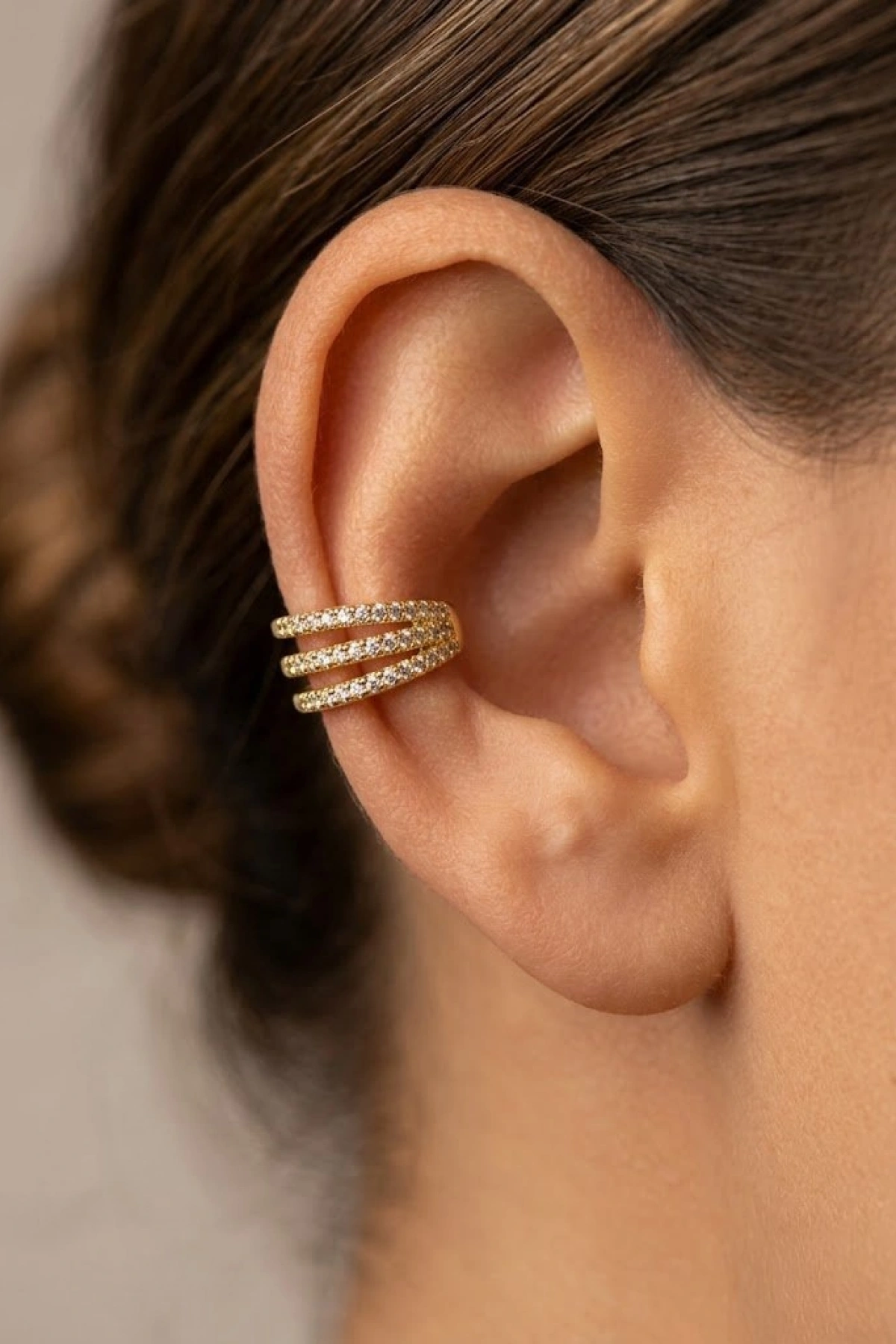 Üç Sıra Taş Model Gold Altın Kaplama Ear Cuff