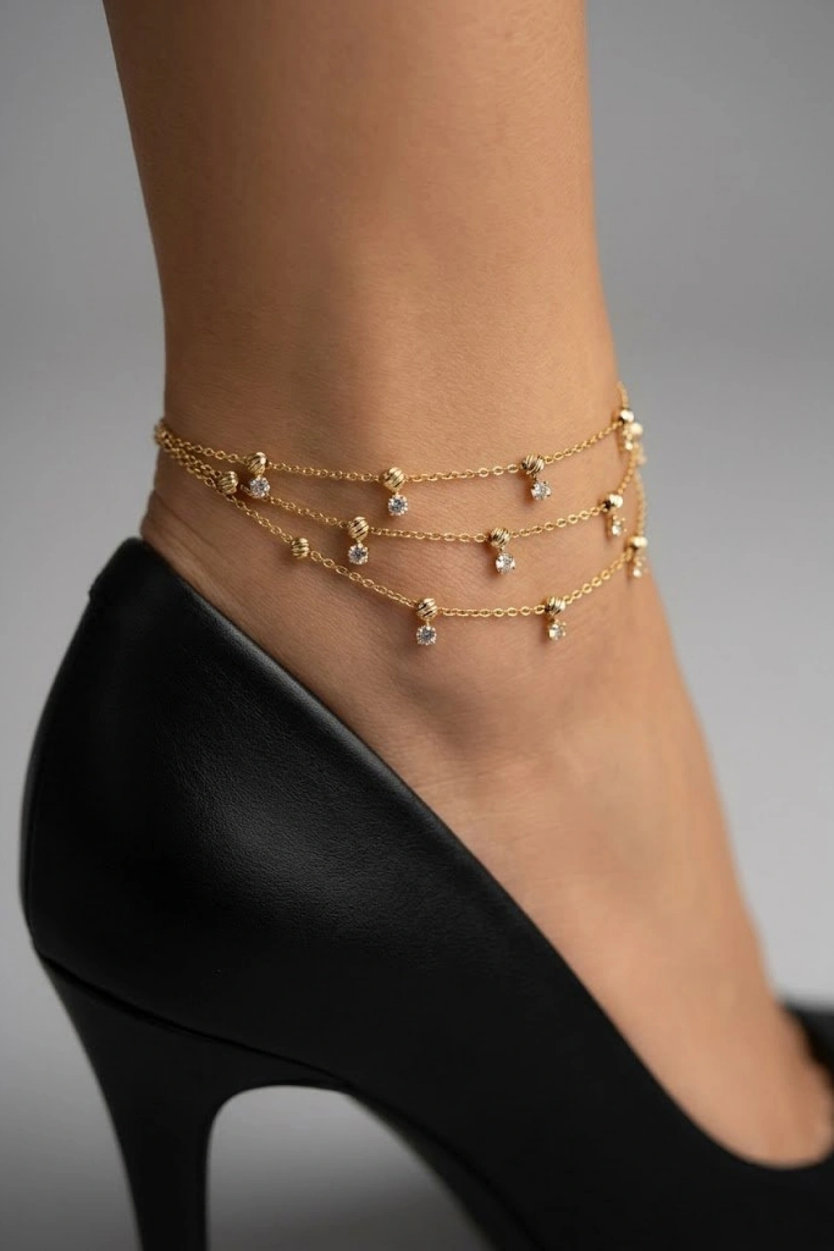 Üç Zincir Taşlı Dorika Model Gold Altın Kaplama Halhal