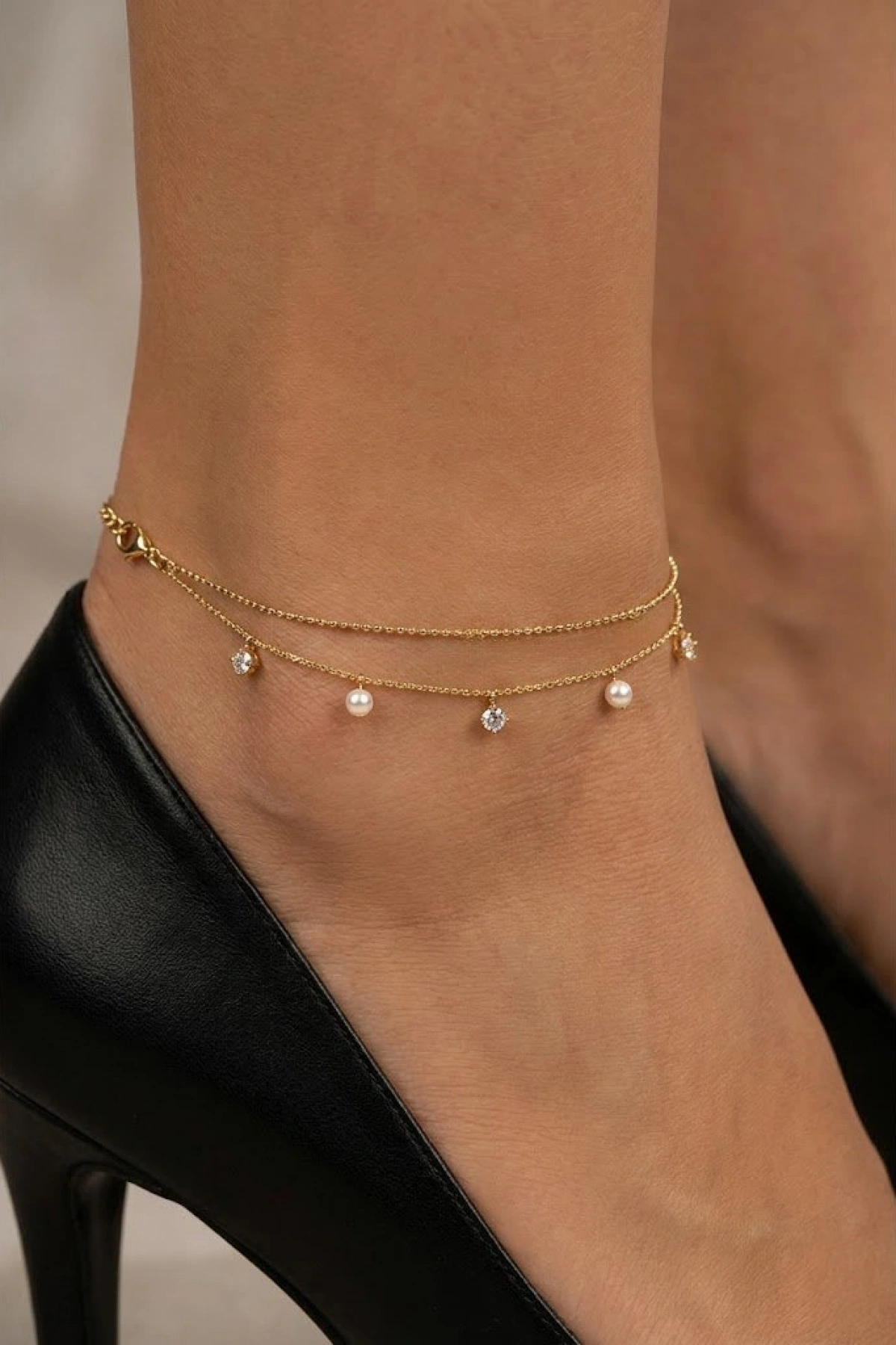 Çift Sıra İnci Model Gold Altın Kaplama Halhal