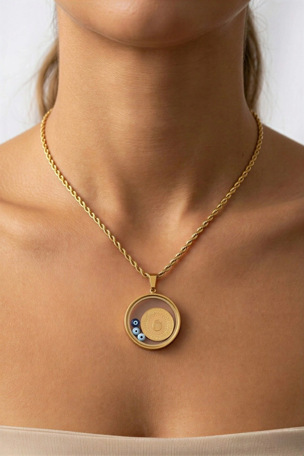 Cam Çerçeve Burgu İtalyan Zincir Osmanlı Gold Altın Kaplama Çelik Kolye