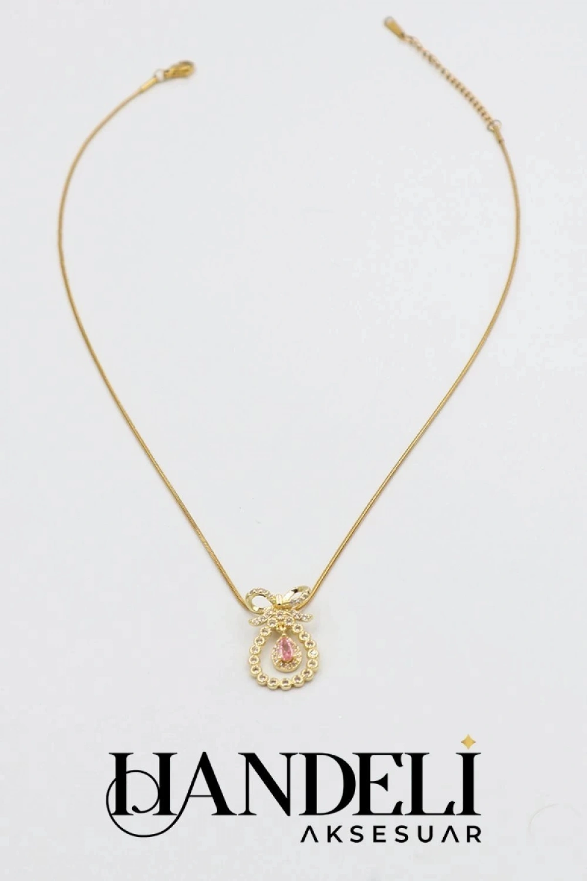 Damla Pembe Taş Detay Gold Altın Kaplama Kolye