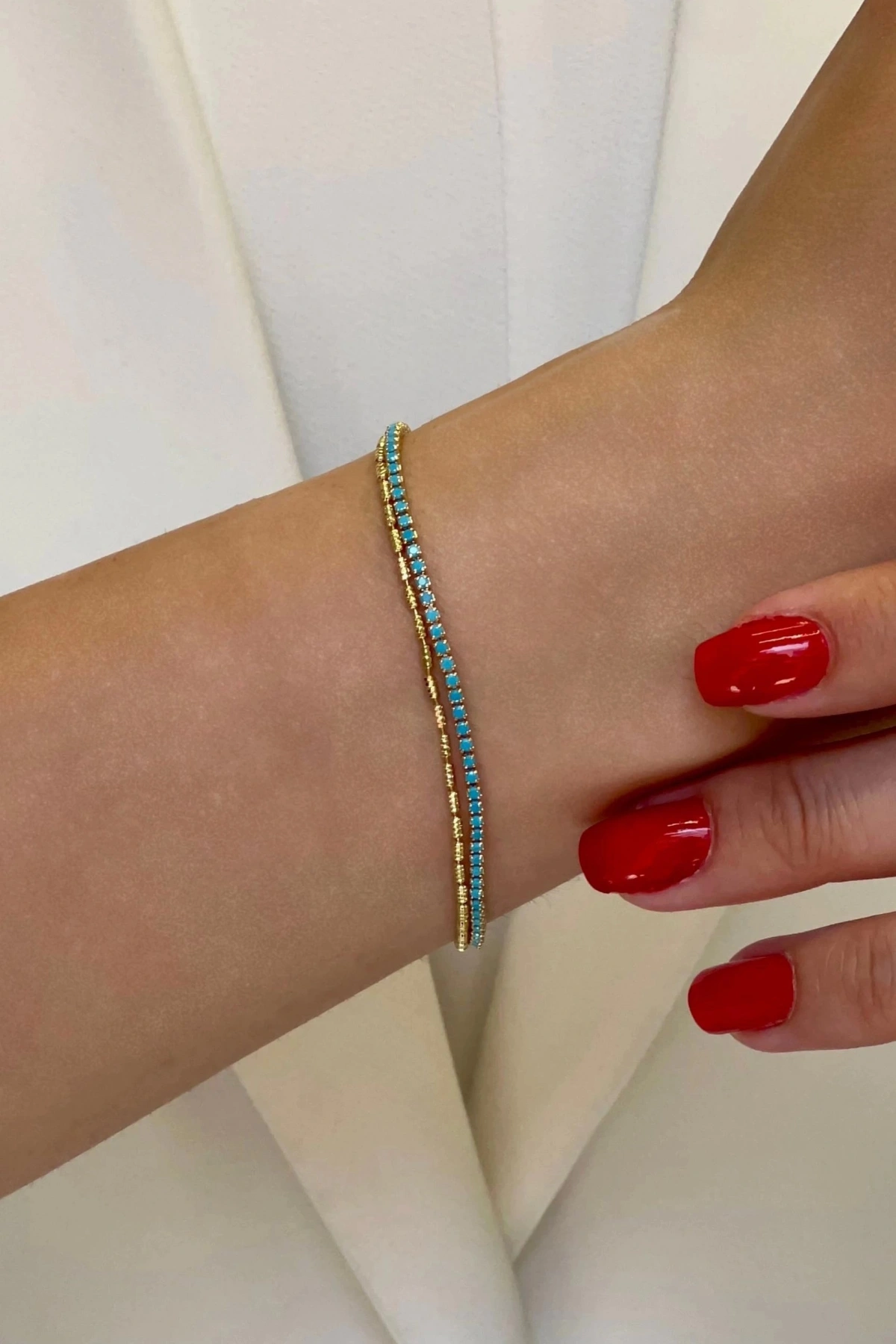 Sıralı Baget Mavi Taş Çift Zincir Gold Altın Kaplama Bileklik