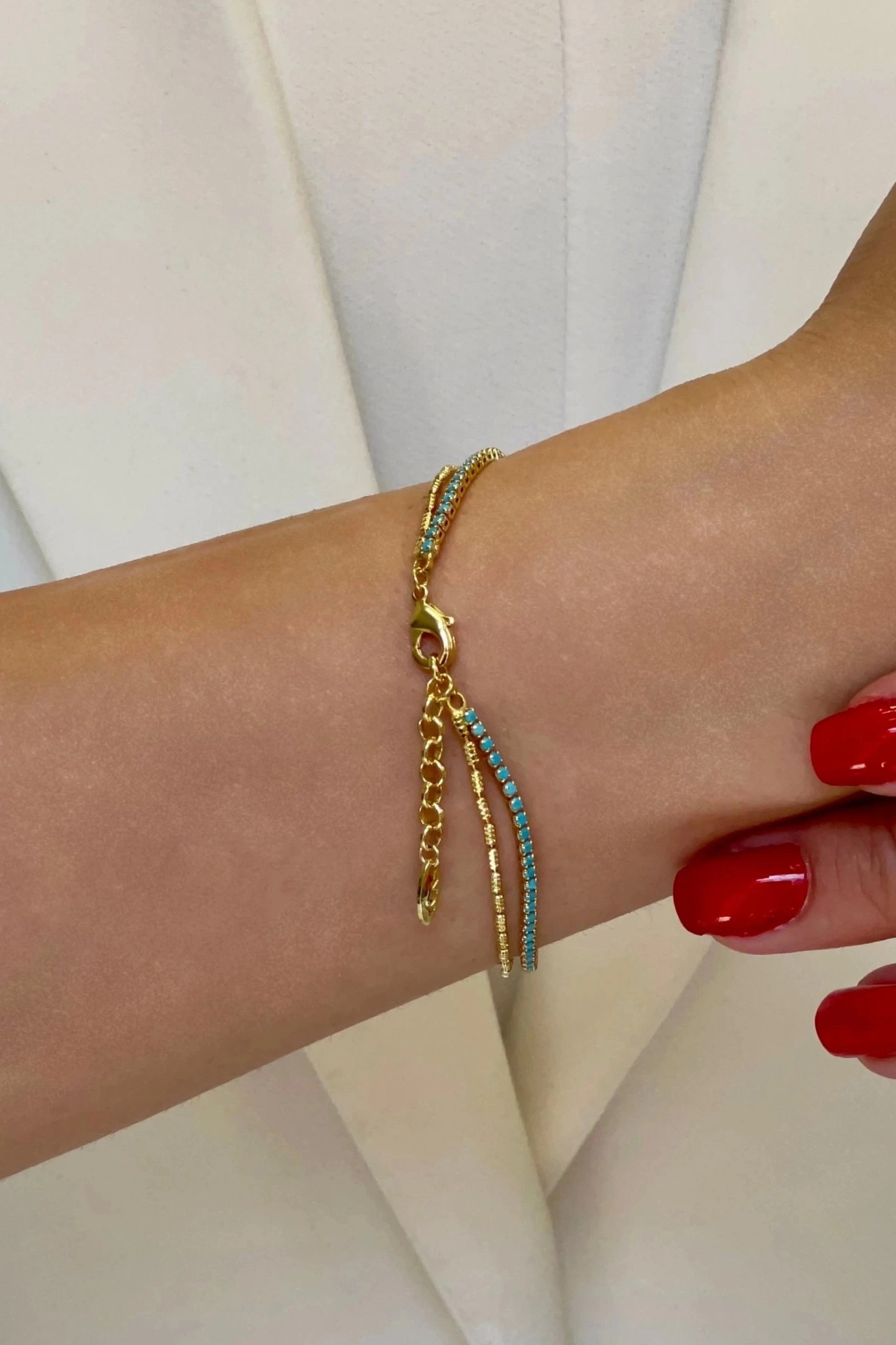 Sıralı Baget Mavi Taş Çift Zincir Gold Altın Kaplama Bileklik