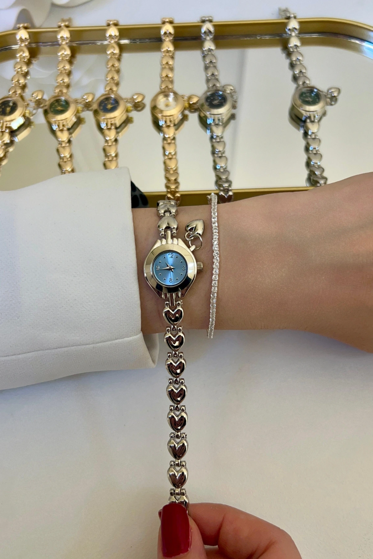 Kalp Charm Detay Silver İçi Mavi Kadın Kol Saati