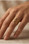 Yedi Sıralı Model Gold Altın Kaplama Ayarlanabilir Çelik Yüzük