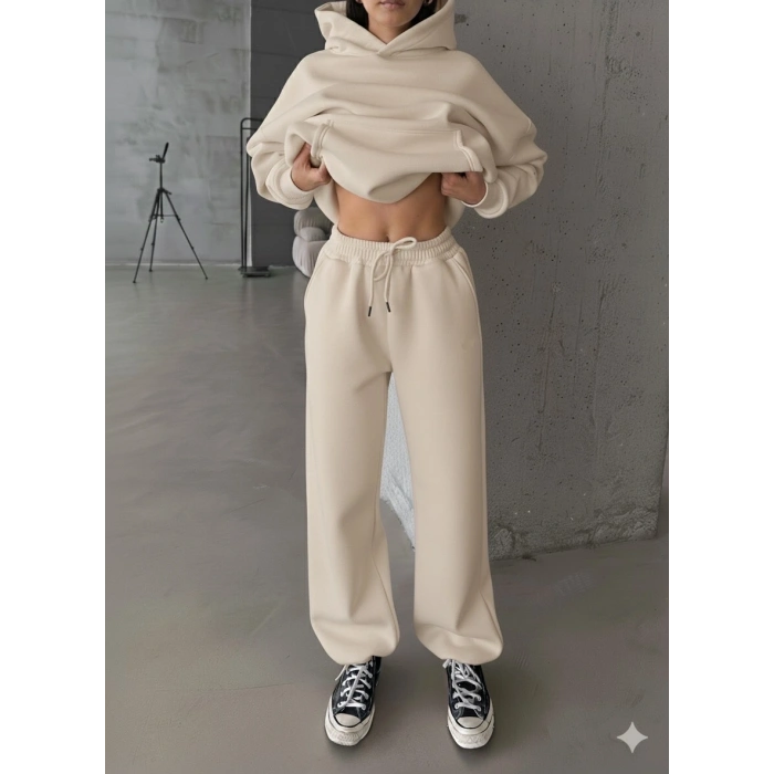 3 iplik şardonlu Lastik paça eşofman bej p510439