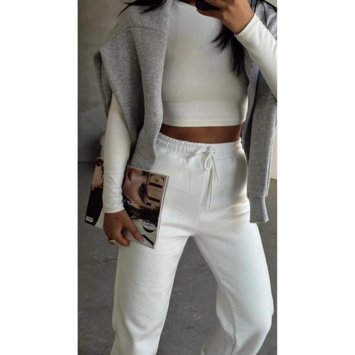 3 iplik şardonlu paça lastikli eşofman beyaz is001