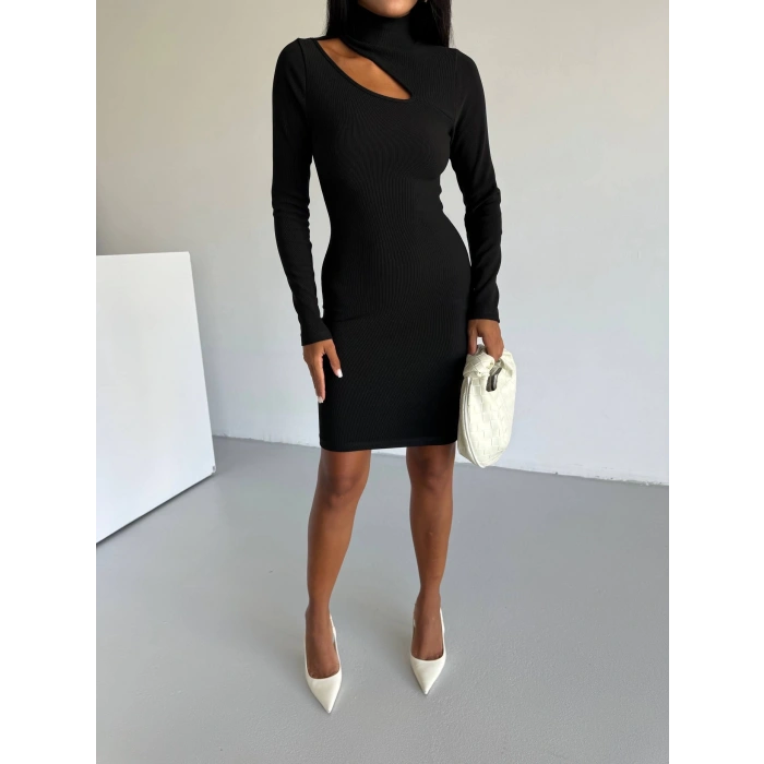 Boğazlı gögüs dekolteli elbise siyah f2333