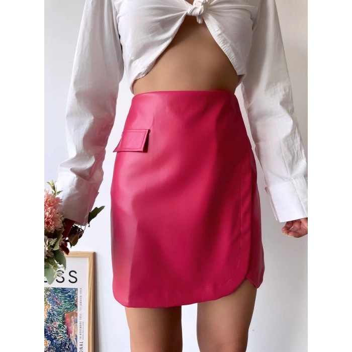 Cep detaylı oval kapaklı deri etek fuşya h240048