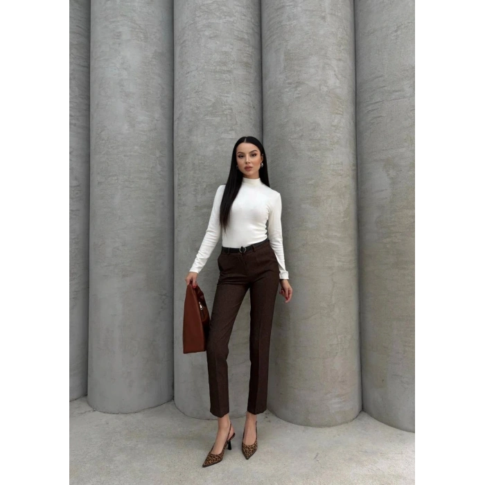 Dar paça kemerli kumaş pantolon kahve pt53