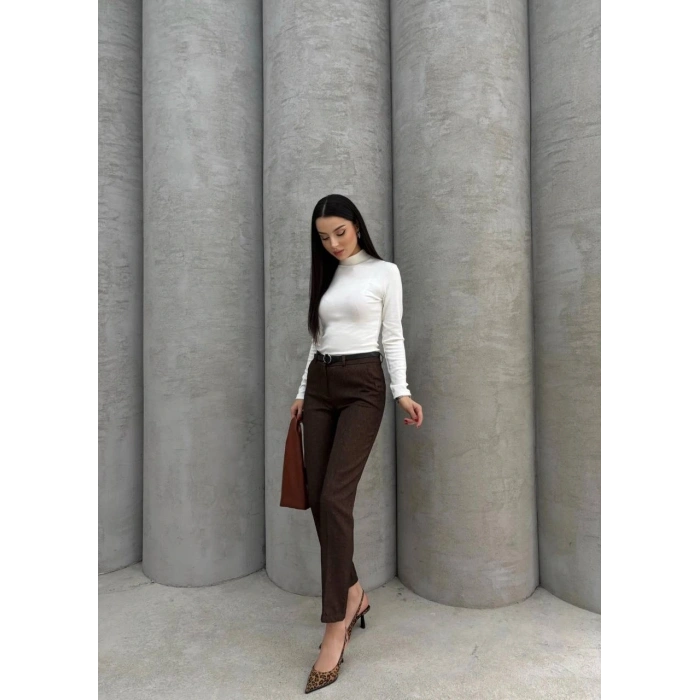 Dar paça kemerli kumaş pantolon kahve pt53