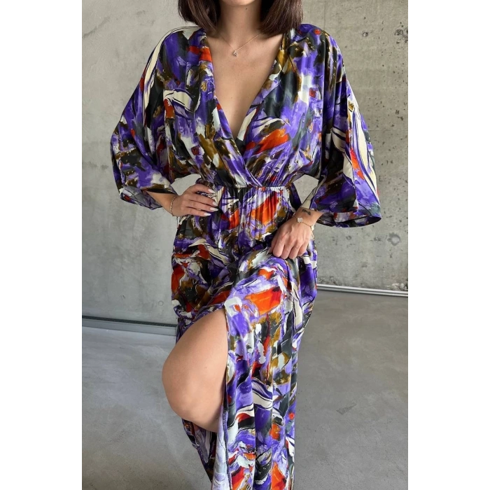 Dokuma baskılı yarasa kol elbise s8124