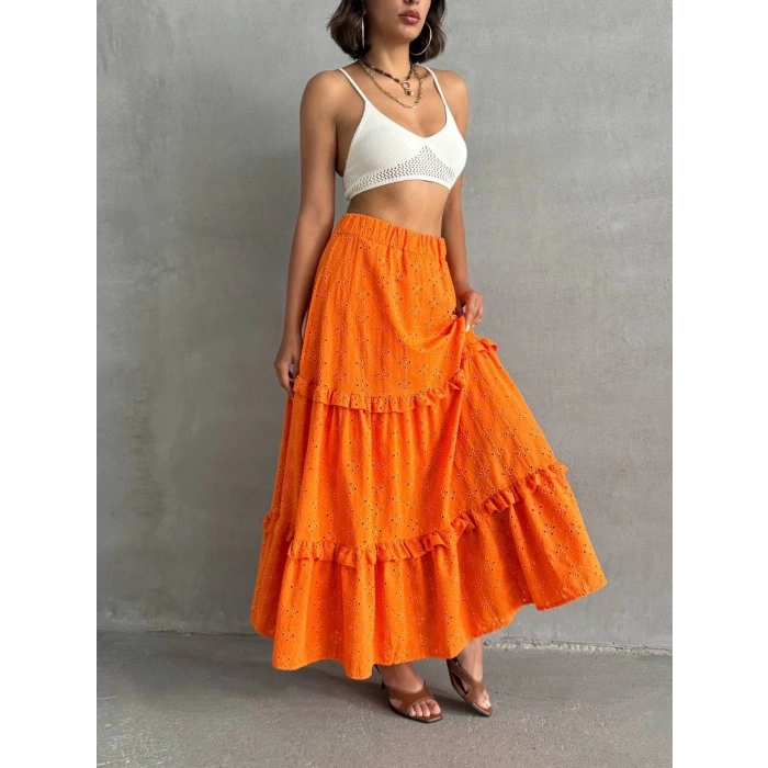 Fırfırlı brodeli astarlı uzun etek turuncu s255047