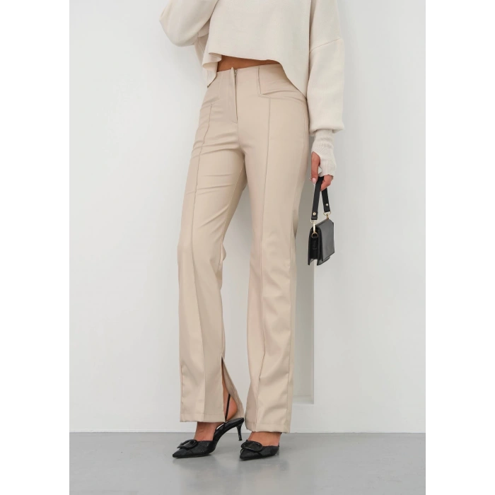 İspanyol yırtmaçlı paça deri pantolon bej hn