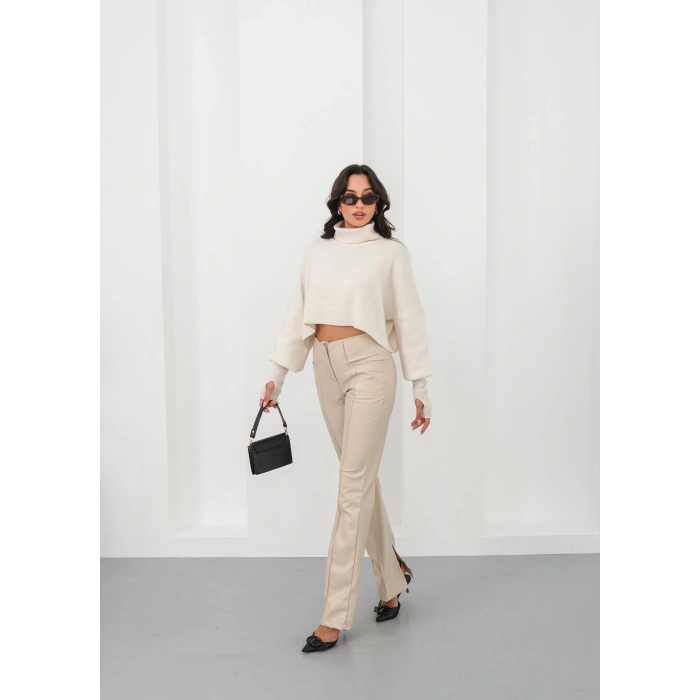 İspanyol yırtmaçlı paça deri pantolon bej hn