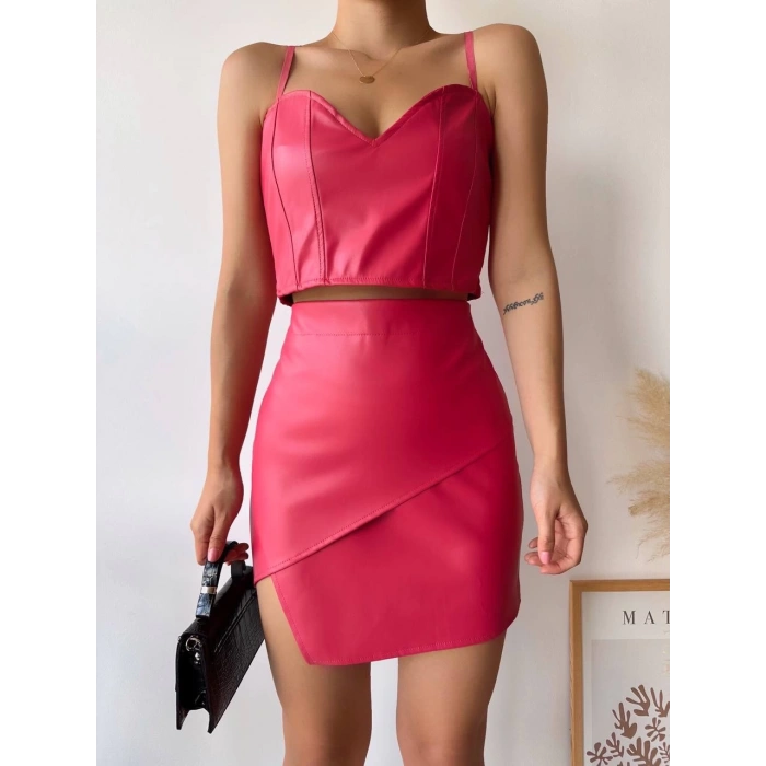 Kapaklı asimetrik model deri etek pembe s240106
