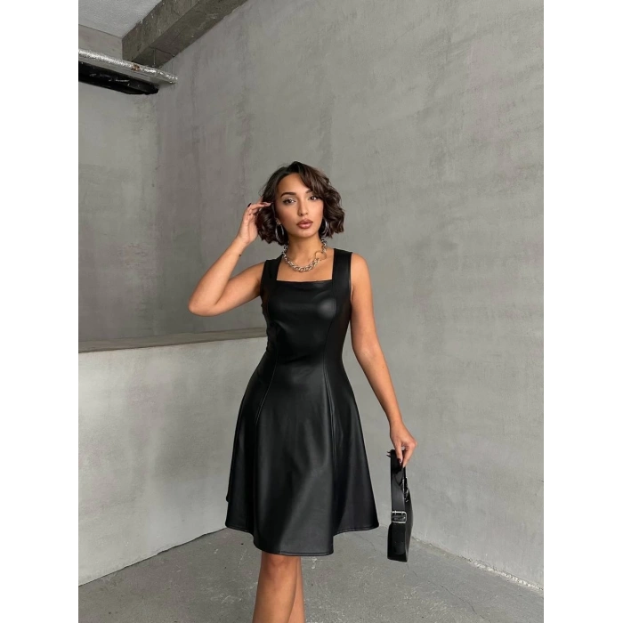 Kare yaka deri elbise siyah h24442