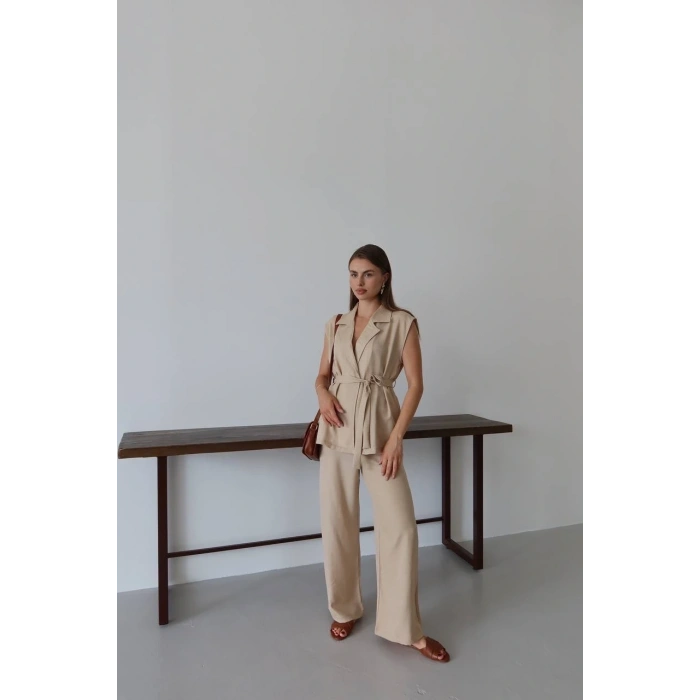 Keten yelek pantolon takım bej pt