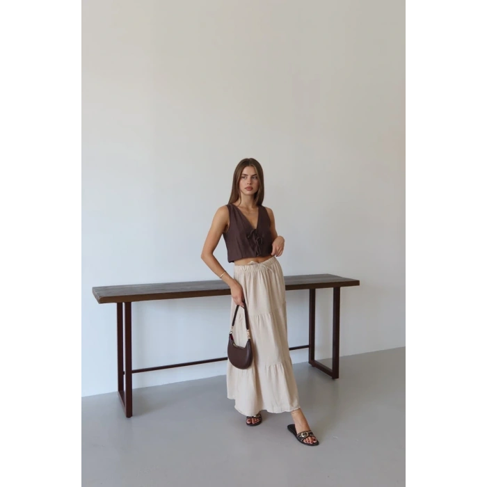 Müslin kumaş keten uzun etek bej pt