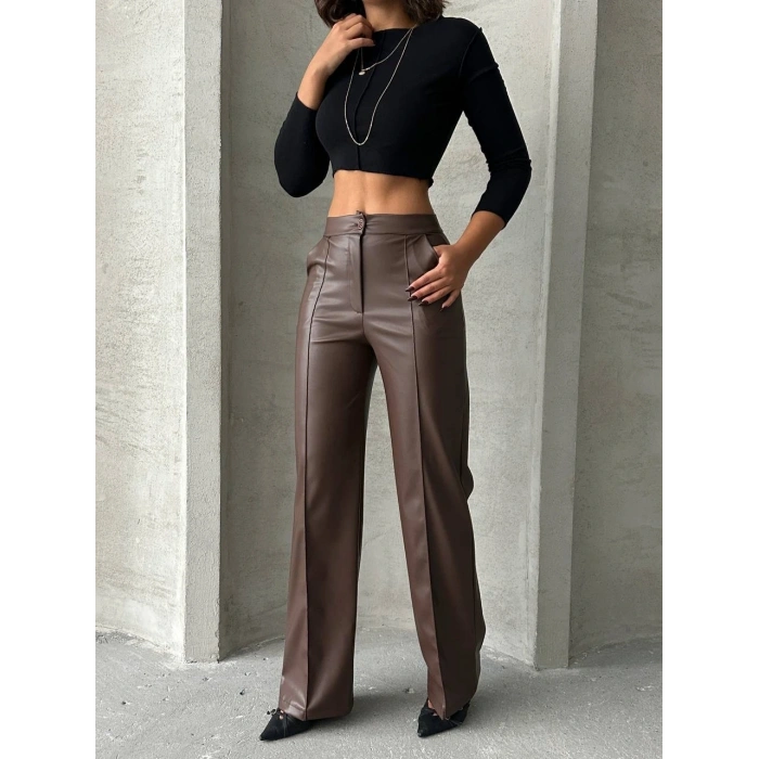 Zr deri palazzo pantolon kahve h24654