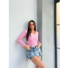 V yaka çizgili bluz pembe A3699