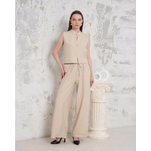 Broşlu yelek pantolon takım bej s255821