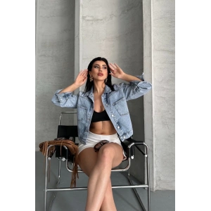 Çift cepli kol katlamalı kar yıkama crop kot ceket buz mavi d2000