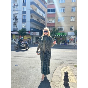 Siyah çizgi desenli elbiseli hırka triko takım haki