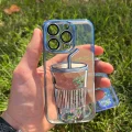 İphone 14 Pro Bardak Desenli Simli Sulu Silikon Telefon Kılıfı