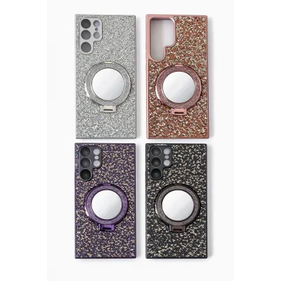 Samsung S25 Ultra ile Uyumlu Stantlı Aynalı İnce Taşlı Şık Telefon Kılıfı