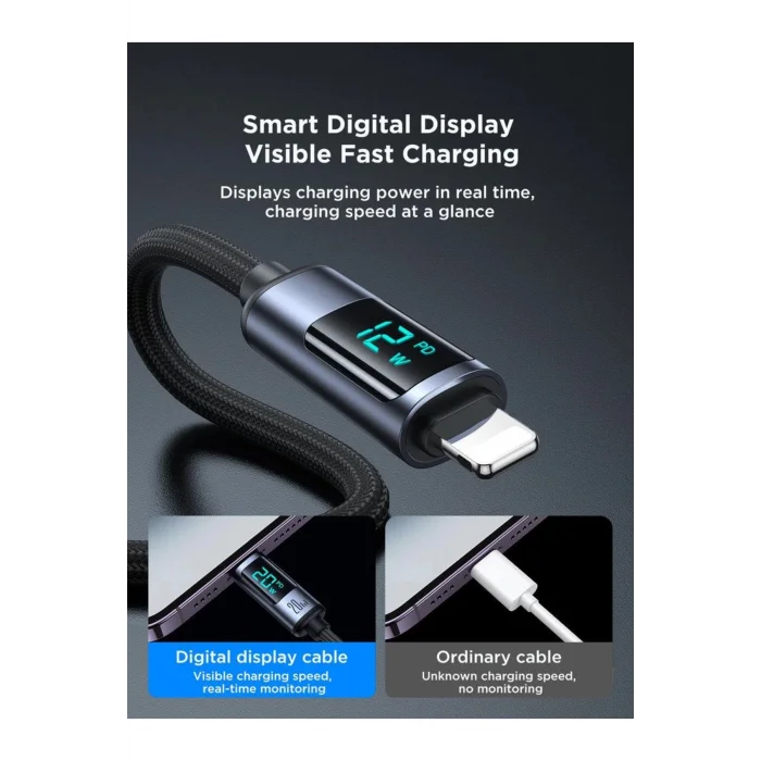 2,4A USBden Lighting Dijital Ekranlı Göstergeli Şarj Kablosu 1.2MT
