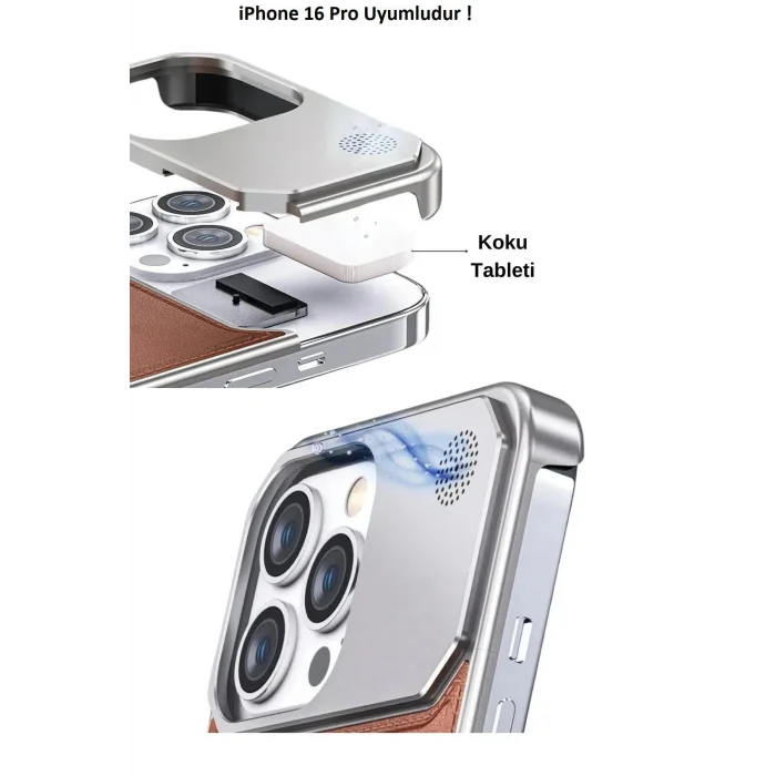 iPhone 16 Pro Parfümlü Koku Hazneli MagSafe Uyumlu Deri Kılıf Kahverengi