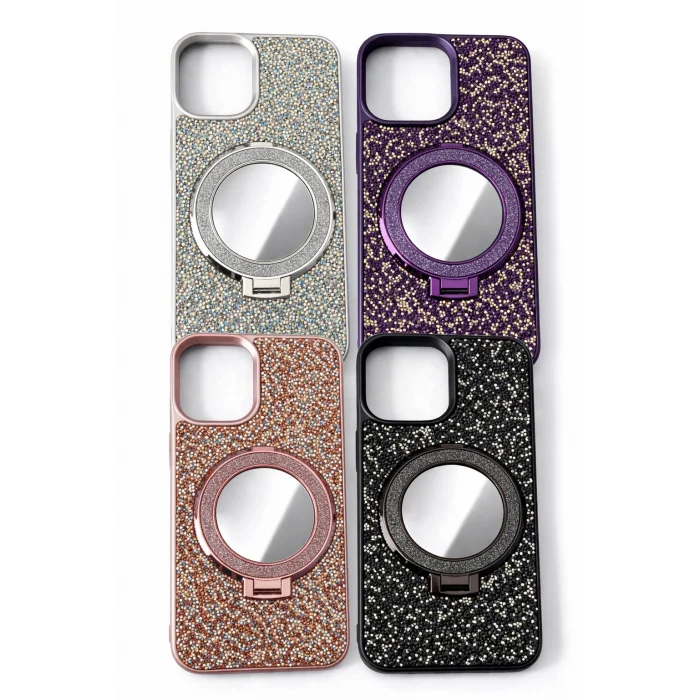 İphone 11 ile Uyumlu Stantlı Aynalı İnce Taşlı Şık Telefon Kılıfı