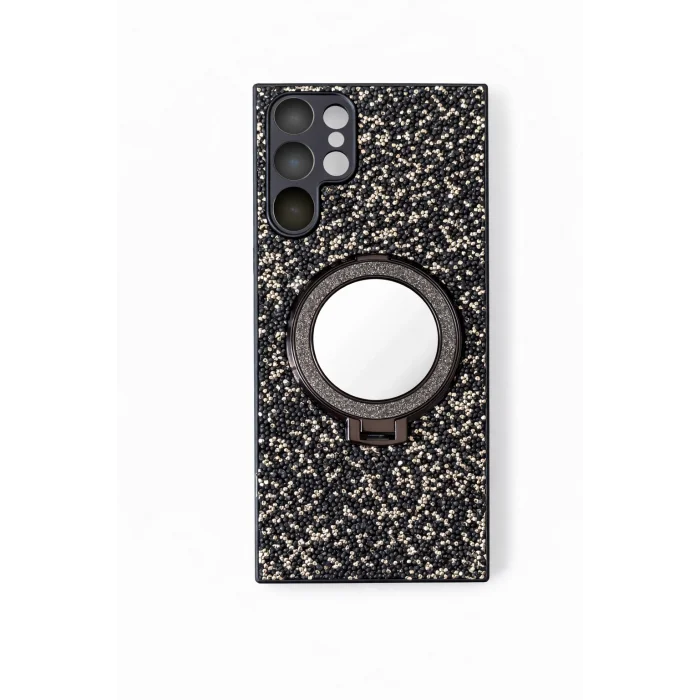 Samsung S23 Ultra ile Uyumlu Stantlı Aynalı İnce Taşlı Şık Telefon Kılıfı