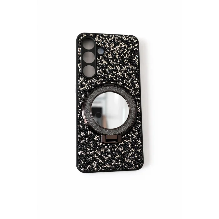 Samsung S23 Fe ile Uyumlu Stantlı Aynalı İnce Taşlı Şık Telefon Kılıfı