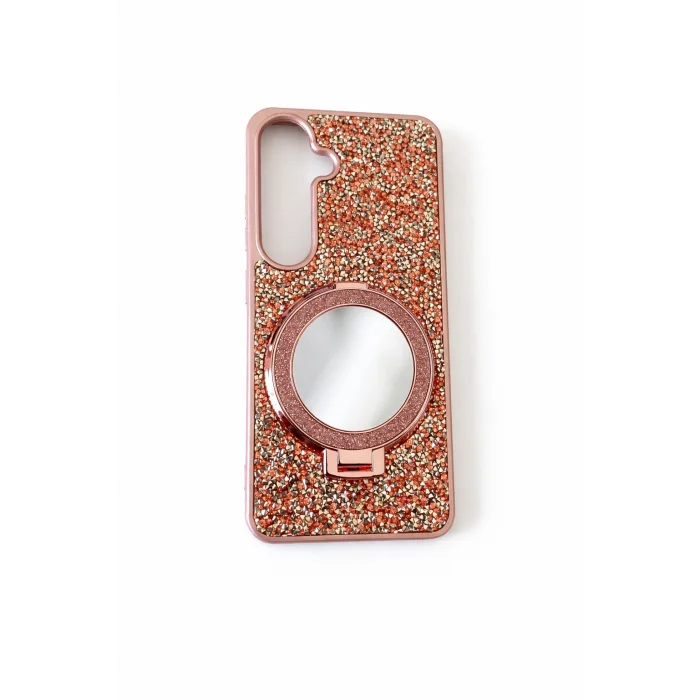 Samsung S23 Fe ile Uyumlu Stantlı Aynalı İnce Taşlı Şık Telefon Kılıfı