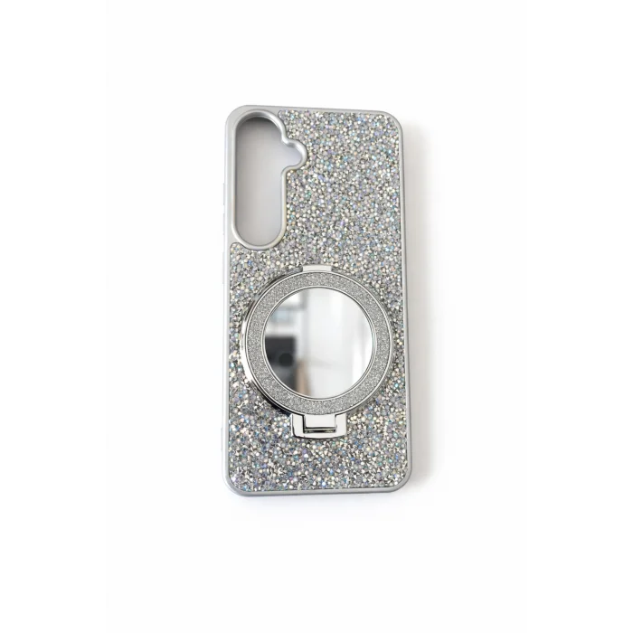 Samsung S23 Fe ile Uyumlu Stantlı Aynalı İnce Taşlı Şık Telefon Kılıfı