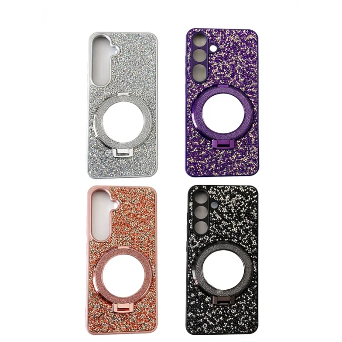 Samsung S24 ile Uyumlu Stantlı Aynalı İnce Taşlı Şık Telefon Kılıfı