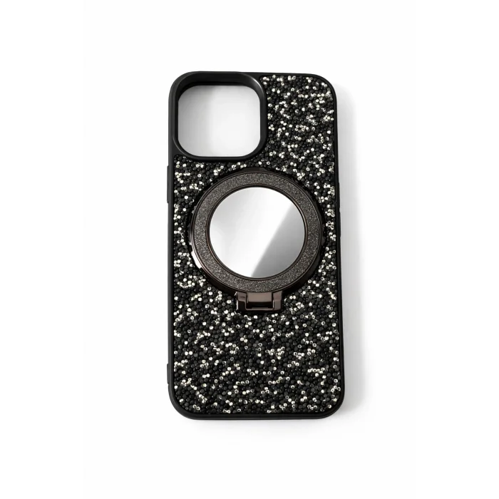 İphone 15 ile Uyumlu Stantlı Aynalı İnce Taşlı Şık Telefon Kılıfı